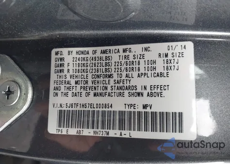 2014 Honda Crosstour Ex-L V6 из США, поврежденный, VIN 5J6TF1H57EL000854